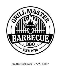 Logo de la barbacoa. Barbacoa, icono de maestro de parrilla, etiqueta o insignia con llama de fuego, cabeza de toro. Restaurante de carne, fiesta de comida, elemento de diseño vintage de barbacoa. Ilustración vectorial.