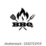 barbecue logo with bbq logotype and fire concept in combination with spatula