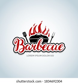 barbecue logo with bbq logotype and fire concept in combination with spatula. Barbecue party logo, party invitation template. Vector illustration.