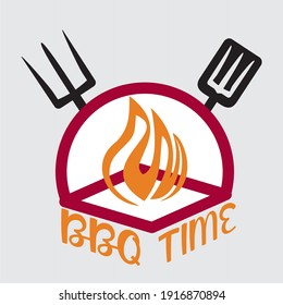 Barbecue logo. BBQ logotype with fire concept in combination with spatula and fork. Barbecue logo stamp vector graphic label design for roasted food and beverage poster template idea.
