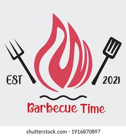 Barbecue logo. BBQ logotype with fire concept in combination with spatula and fork. Barbecue logo stamp vector graphic label design for roasted food and beverage poster template idea.