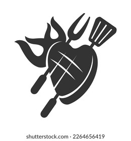 logotipo de barbacoa con logotipo bbq y concepto de incendio en combinación con espátula