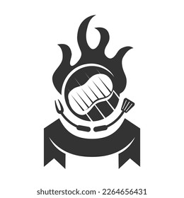 logotipo de barbacoa con logotipo bbq y concepto de incendio en combinación con espátula