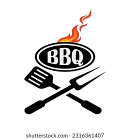 barbecue logo with BBQ logotype and fire concept in combination with spatula, BBQ vector eps