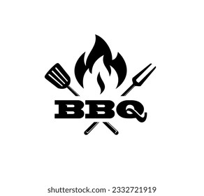 barbecue logo with bbq logotype and fire concept in combination with spatula