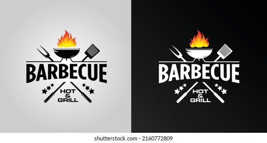 barbecue logo with bbq and smoke logotype and flame concept in combination with spatula.