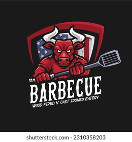 Barbecue Logo with bull mascot cartoon