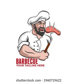 Barbecue logo. Chef with meat on a fork. vector illustration.