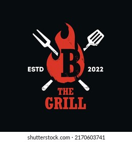 Letra B de combinación de diseño de logotipo de barbacoa. planilla de concepto de alimentos a la parrilla, fuego y espátula ilustración plana vector