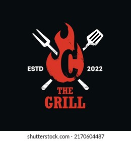 Diseño del logotipo de la parrilla letra combinada C. planilla de concepto de alimentos a la parrilla, fuego y espátula ilustración plana vector