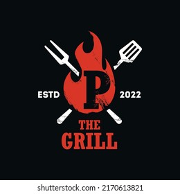 Barbecue logo design combination letter P. grill food, fire and spatula concept template flat illustration vector