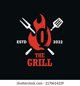 Barbecue logo design combination letter Q. grill food, fire and spatula concept template flat illustration vector