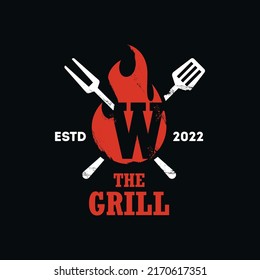 Barbecue logo design combination letter W. grill food, fire and spatula concept template flat illustration vector