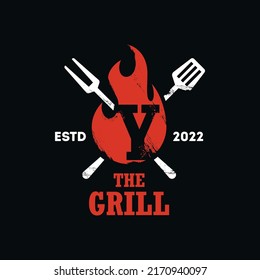 Logo-Design-Kombi-Buchstabe Y. Grillspeise, Feuer und Spatel-Konzept Vorlage flach Vektorgrafik