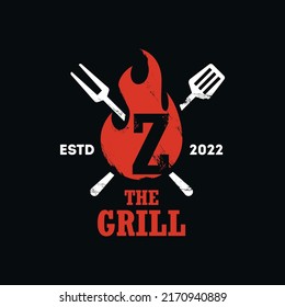 Barbecue logo design combination letter Z. grill food, fire and spatula concept template flat illustration vector