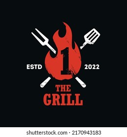 Designkombination mit dem Barbecue-Logo Nummer 1. Grillspeise, Feuer und Spatel-Konzept Vorlage flach Vektorgrafik