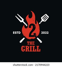 Combinación de diseño de logotipo de barbacoa Número 2. planilla de concepto de alimentos a la parrilla, fuego y espátula ilustración plana vector