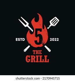 Barbecue logo design combination Number 5. grill food, fire and spatula concept template flat illustration vector