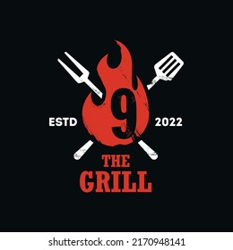 Barbecue logo design combination Number 9. grill food, fire and spatula concept template flat illustration vector