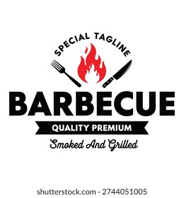 Barbecue logo design with fork knife and flame quality premium smoked and grilled icon
