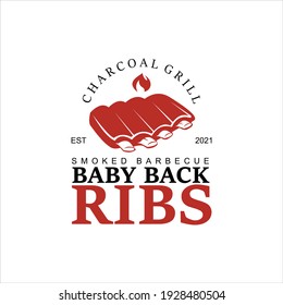 Barbecue Logo Design Grill Vector Icon, Smoke Meat Illustration, Tasty Food Baby Back Ribs Graphic Element Ideas