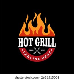 Barbecue logo design. Grilled food, fire and spatula concept template. Dark background illustration.