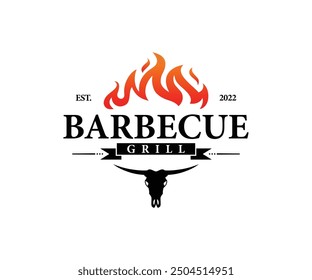 Diseño de logotipo de barbacoa. Logotipo de barbacoa a la parrilla, Vector de barbacoa retro, icono de comida y restaurante de parrilla de fuego, icono de fuego rojo