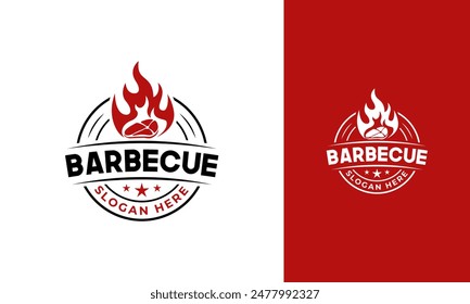 Barbecue logo design. Steak symbol with meat and fire concept. BBQ badge icon