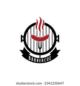 barbecue logo design vector grill and fire with fork and spatula combination