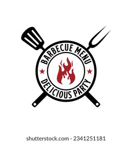barbecue logo design vector grill and fire with fork and spatula combination