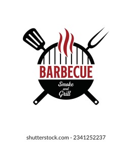 diseño de logotipo de barbacoa parrilla vectorial y fuego con combinación de bifurcación y espátula