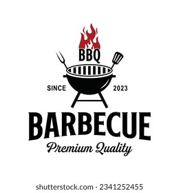 diseño de logotipo de barbacoa parrilla vectorial y fuego con combinación de bifurcación y espátula