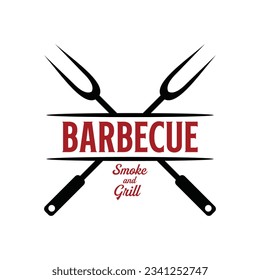 Grill-Logo-Design, Vektorgitter und Feuer mit Gabel- und Spatulenkombination