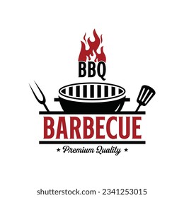 diseño de logotipo de barbacoa parrilla vectorial y fuego con combinación de bifurcación y espátula