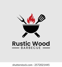 Barbecue logo design vector grill and fire with fork and spatula combination