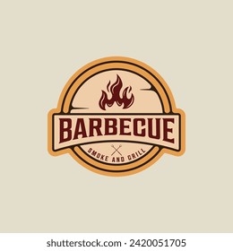 barbecue logo emblem vector illustration template icon graphic design. BBQ grill with flame sign or symbol for food restaurant steak house with retro badge label typography style