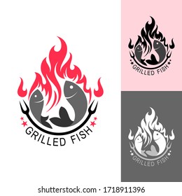 Logo de barbacoa con plantilla de diseño de pescado, iconos de fuego y pescado, logo del restaurante