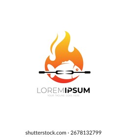 Grill-Logo, Fisch und Feuer-Logo-Vorlage, köstliches Lebensmittel-Logo von gegrilltem Fisch