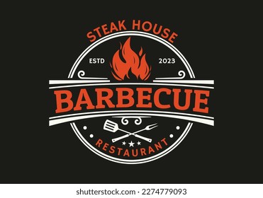 Barbecue logo. Grill, BBQ icon or stamp. Meat restaurant, steak house symbol. Vintage barbeque design. Vector illustration.