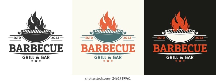 Barbecue logo or icon. Grill, BBQ design with fire flame. Meat restaurant symbol. Vector illustration.
