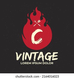 Barbecue logo illustration, BBQ logotype and fire concept in combination with spatula vintage style.