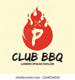 Barbecue logo illustration, BBQ logotype and fire concept in combination with spatula vintage style.