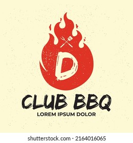 Barbecue-Logo-Illustration, BBQ-Logo und Feuerkonzept in Kombination mit Spatula-Vintage-Stil.