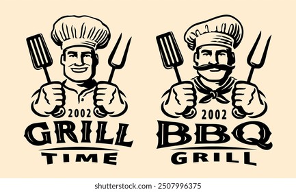 Barbecue logo or label. Chef cook holding a grill tools spatula and fork emblem. Bbq vector illustration