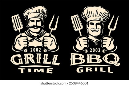 Logotipo o etiqueta de barbacoa. Chef cocinero sosteniendo una parrilla herramientas de espátula y emblema de tenedor. Ilustración vectorial de barbacoa