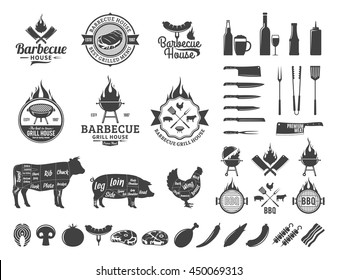 Barbecue logo and labels. BBQ, meat, vegetables, beer, wine and equipment icons