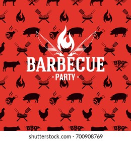 Barbecue logo on red seamless pattern, vector illustration