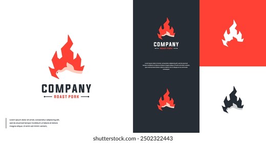 barbecue logo with pig head and flame, party invitation, vector graphic design.