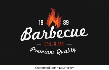 Barbecue logo. Retro grill restaurant logo with fire flame. Vintage design. Vector BBQ logo template