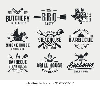 Barbecue logo set. Set of 9 bbq logo templates for BBQ, Butchery, Restaurant, Cooking class, Grill emblems. Trendy vintage hipster design. Vector illustration